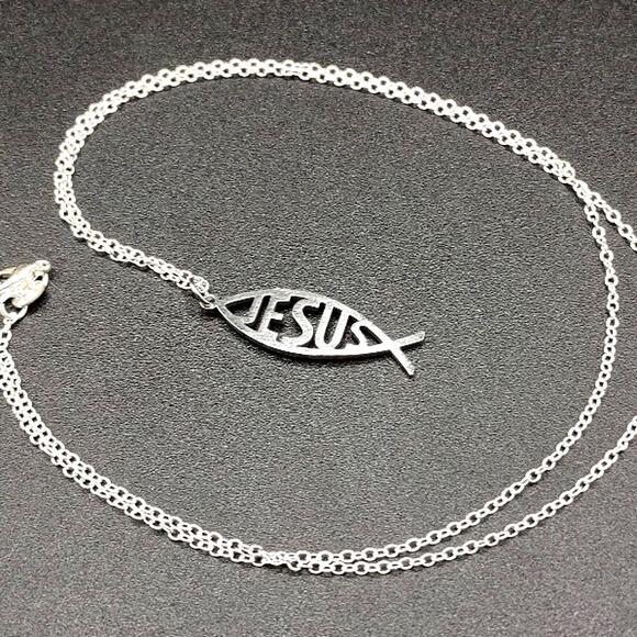 925 Sterling Silver Necklace w/ Jesus Fish Christian Bible Anniversary Birthday